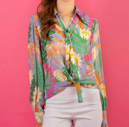 Jessie Liu - Summer Floral Print Silk Shirt Blouse W/ Long Sleeves And Optional Neck Tie