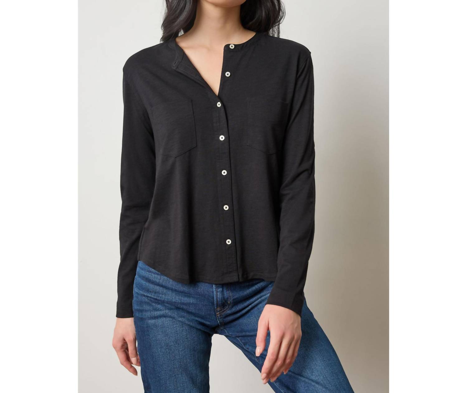 Lilla P Mandarin Collar Button Down Shirt in black - women's shirt
