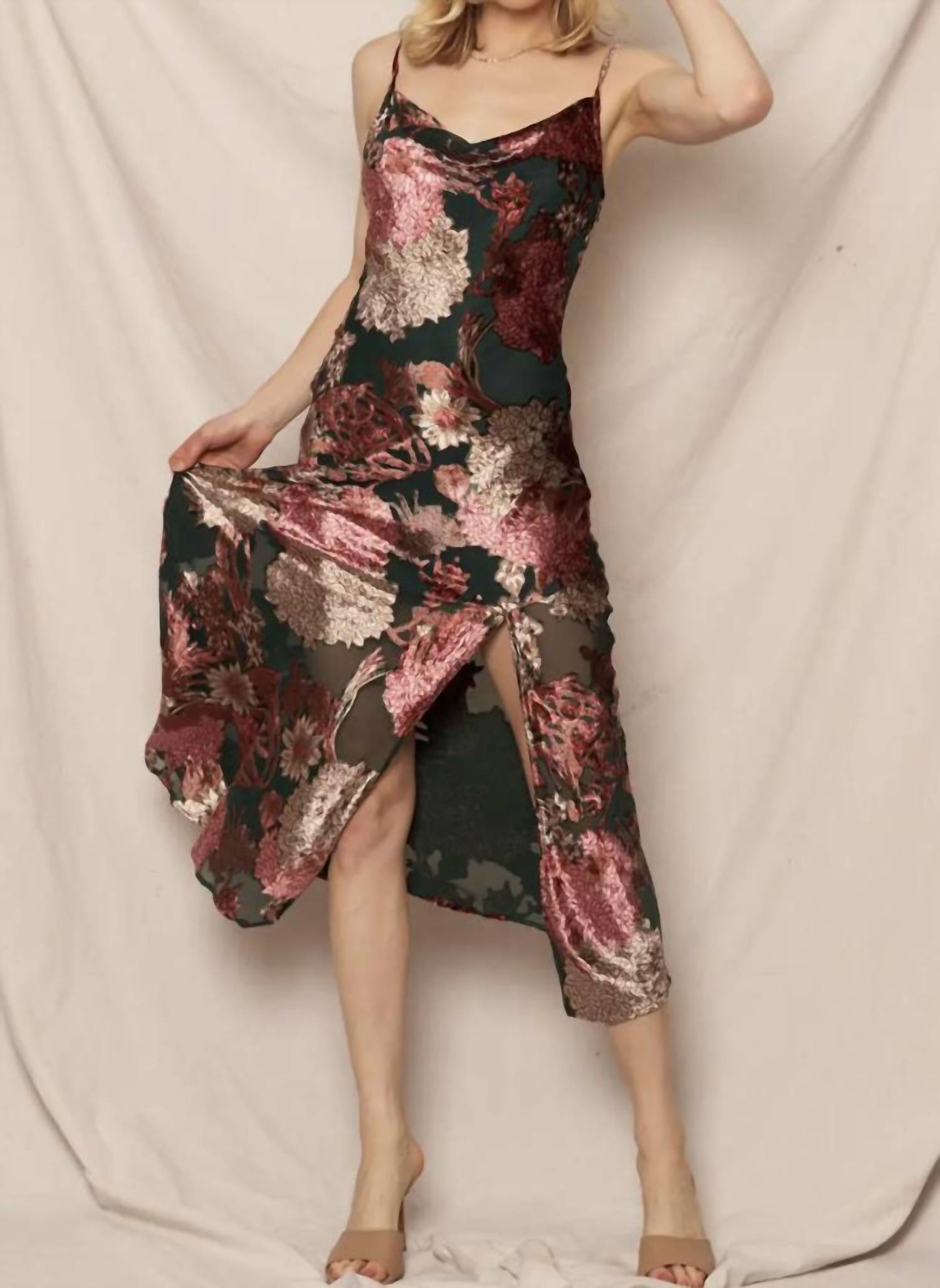 En Creme - Cowl Neck Floral Print Midi Dress
