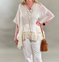 Pol - Striped Eyelet Ruffle Poncho Top