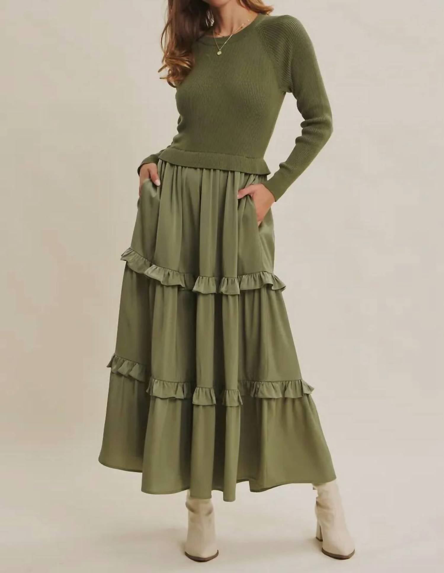 In February Hattie Knit Maxi Dress in olive green - women's dress