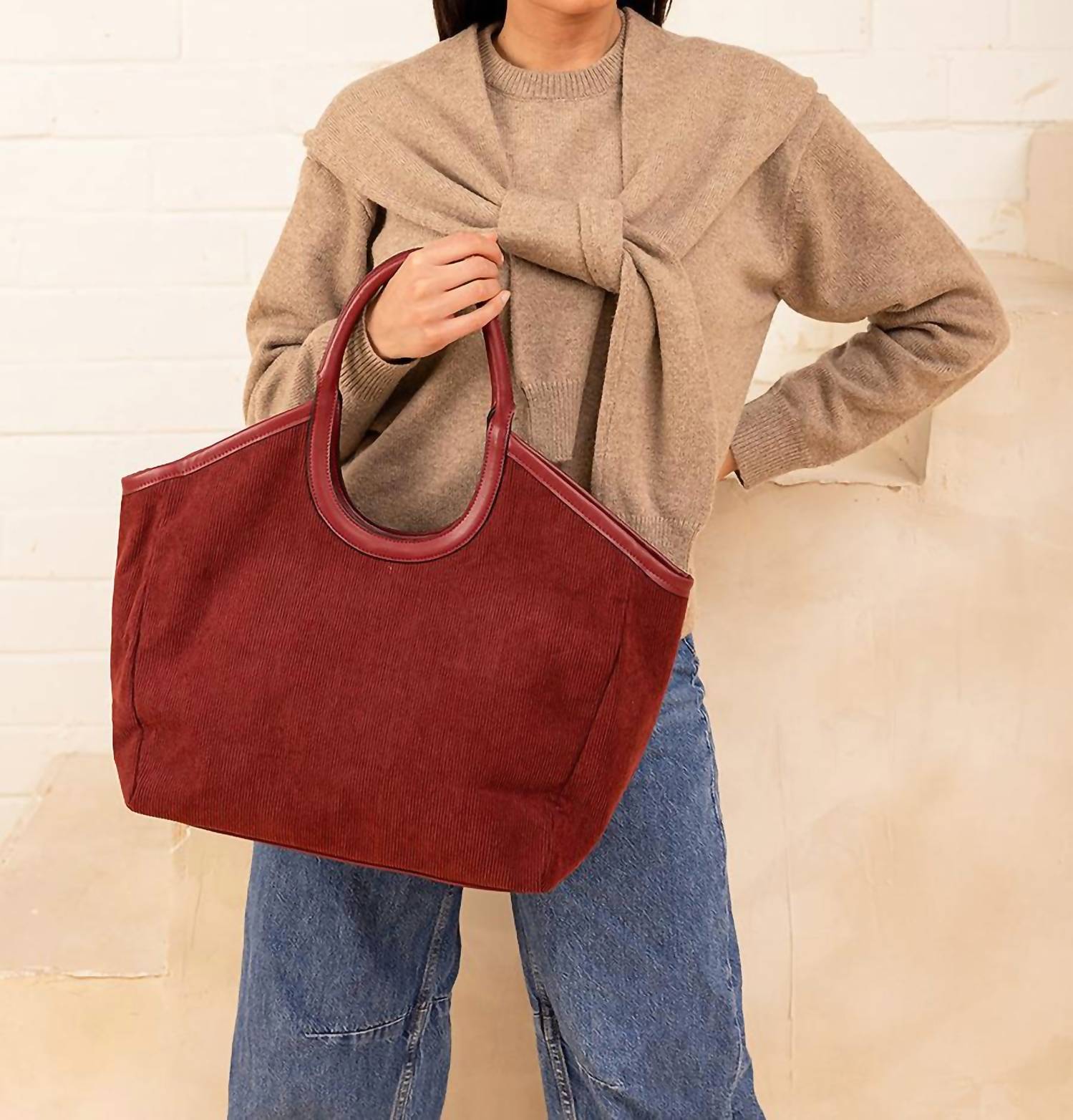 Jen & Co. Women's Piper Corduroy Tote Bag in cherry lacquer - women's bag - detail view