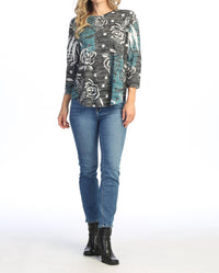 Jess & Jane Rosette Burnout Rounded Hem Top in grey - women's long sleeve top