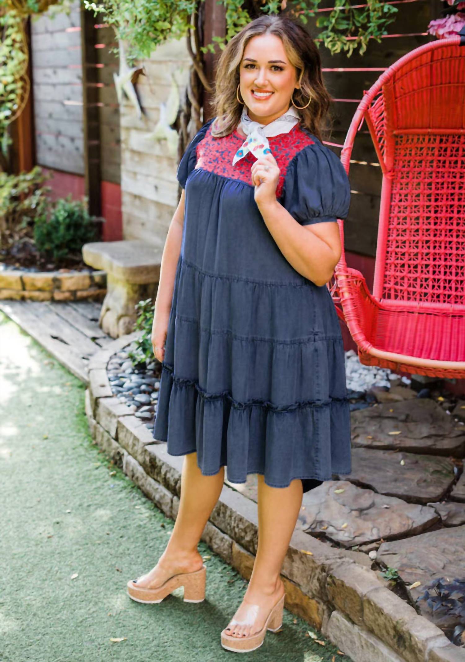 Layerz Clothing - Embroidered Tiered Denim Dress