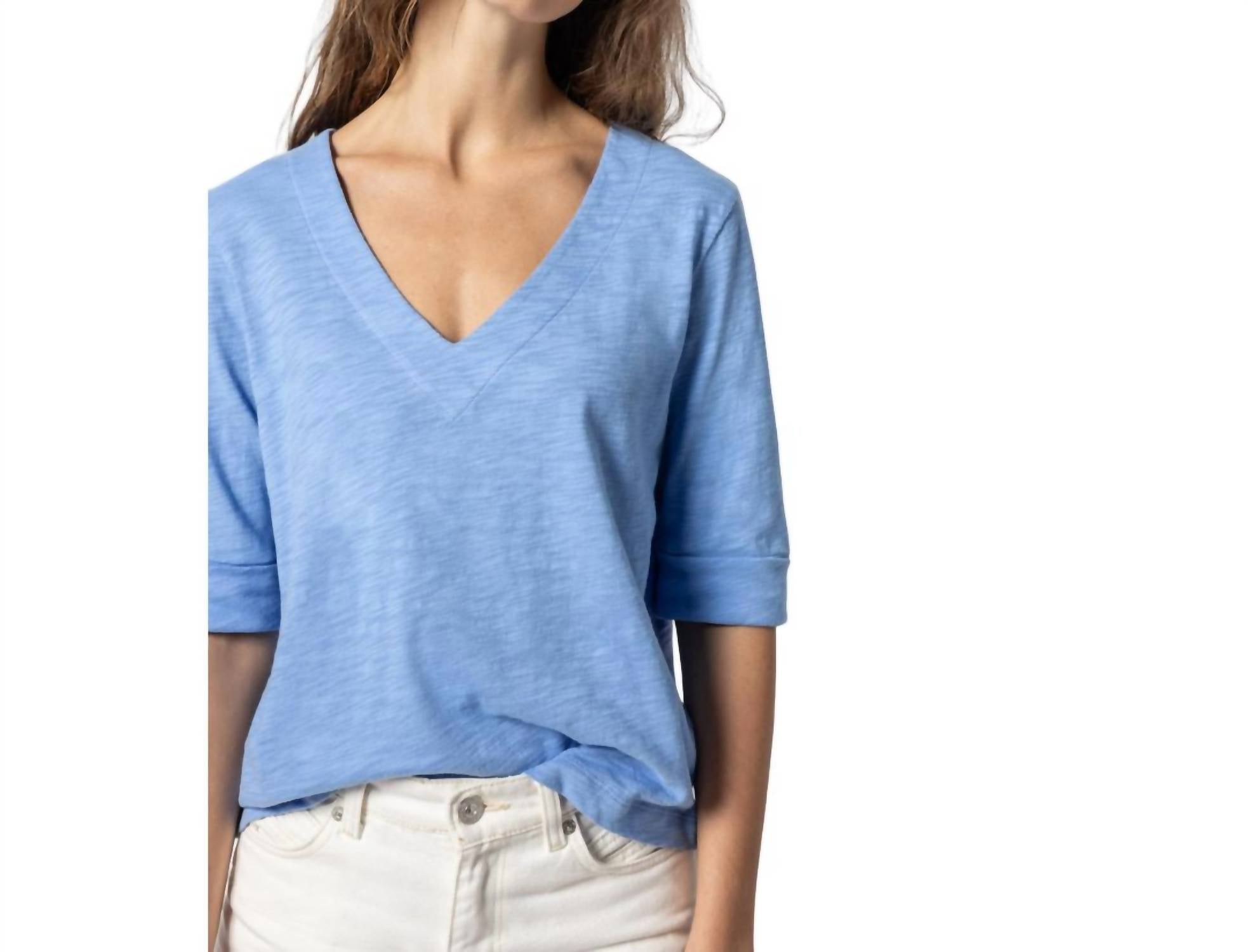 Lilla P - Cuffed Elbow Sleeve V Neck Tee