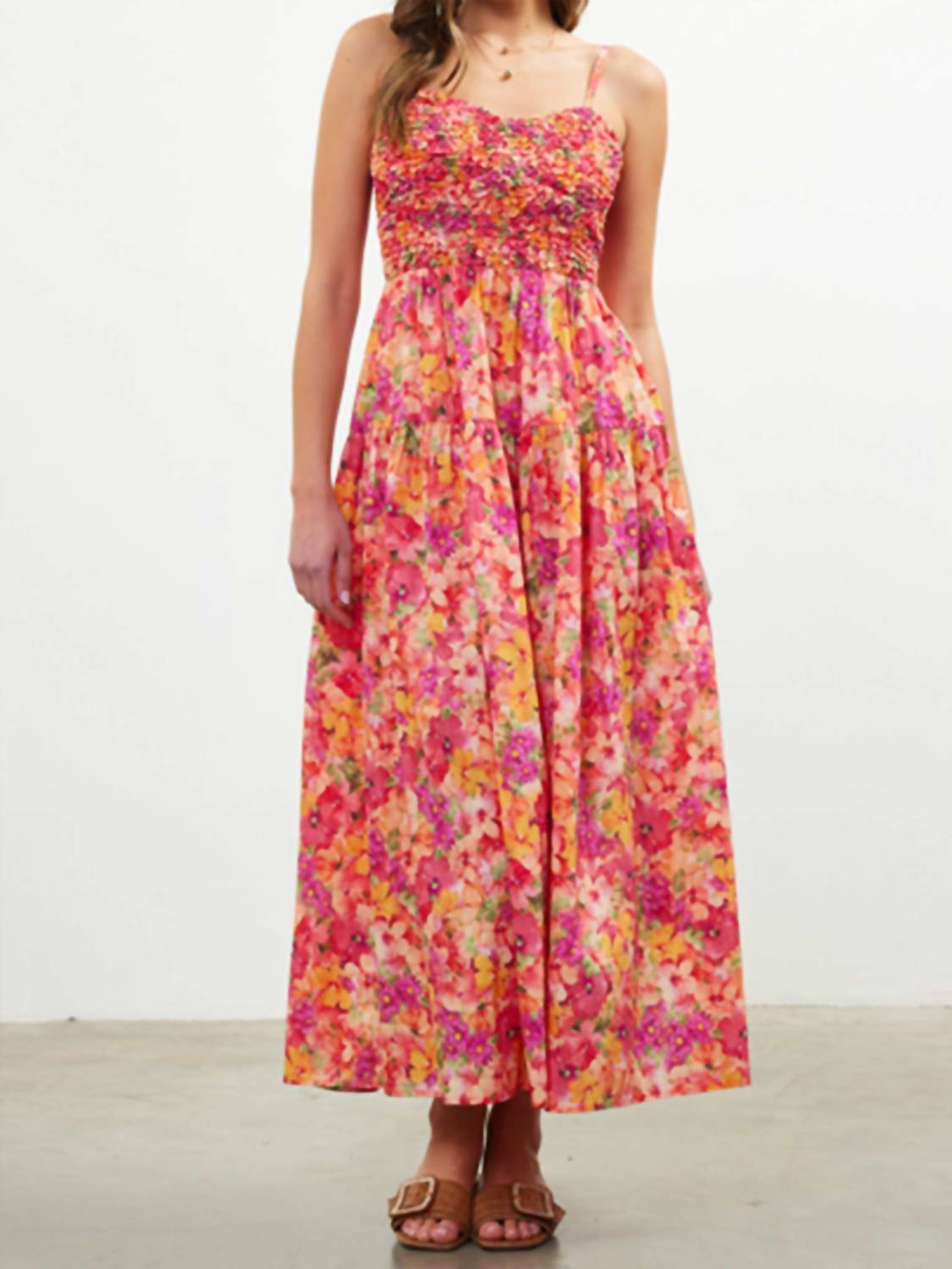 Skies Are Blue - Floral Print Smocked Midi Dress