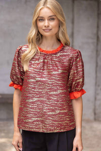 Voy - Ruffle Detail Metallic Animal Print Textured Top
