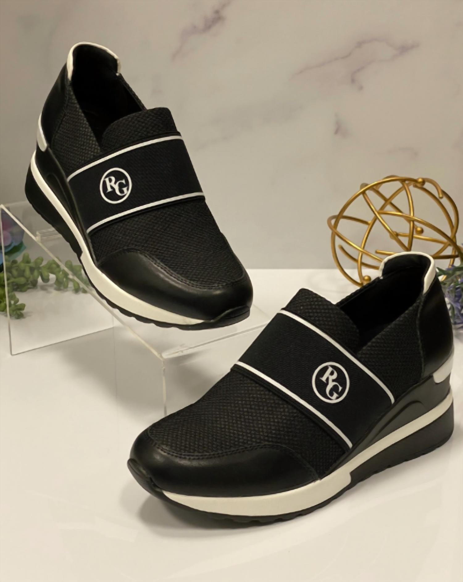 Renato Garini Women's Slip On Wedge Sneakers in black - women's sneaker - detail view