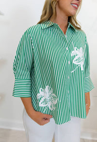 Joh Janice Top With Stripes & Flower Print in emerald - women's shirt - detail view