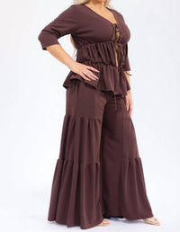 Karen T Design - Hollow Lace Up Top And Spliced Wide Leg Pants
