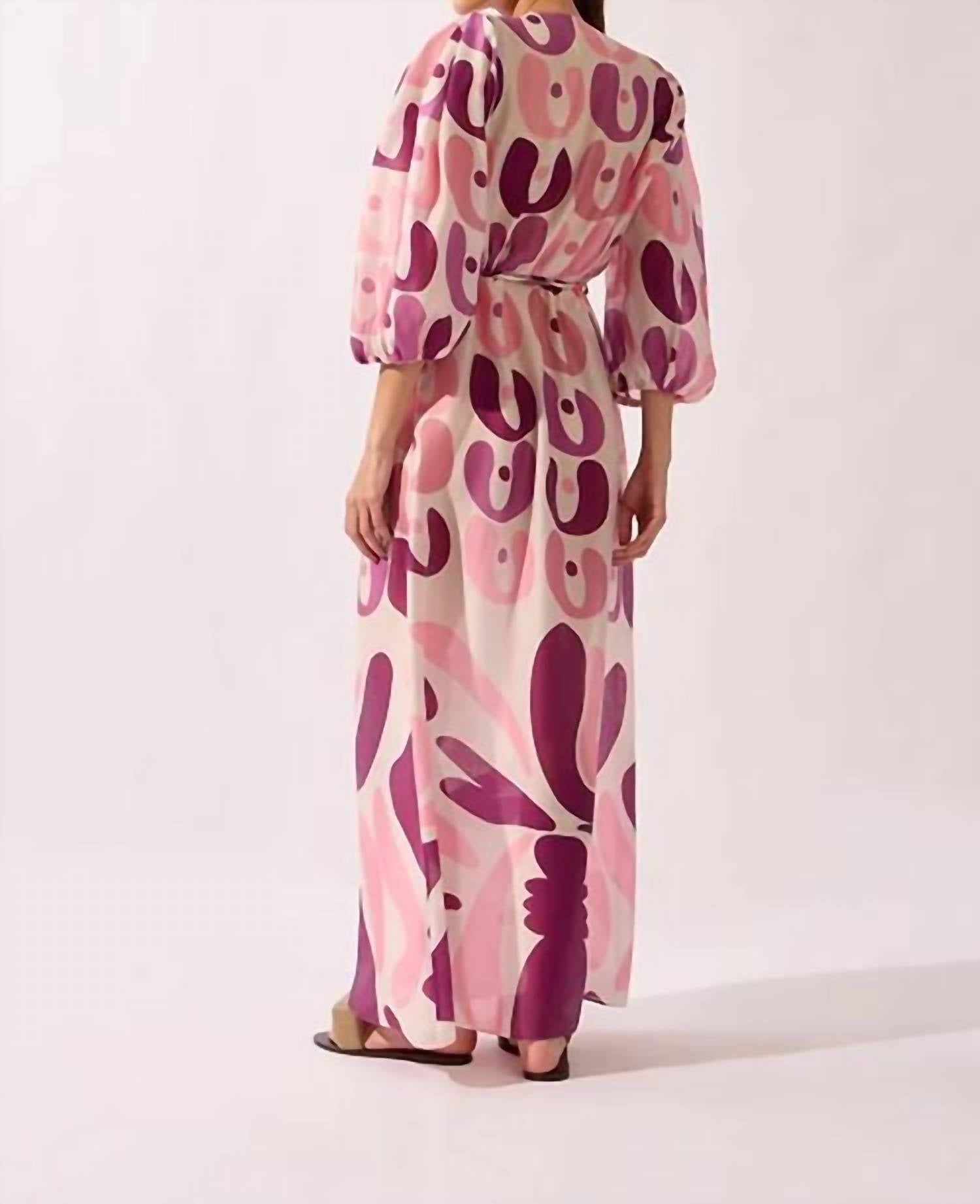 Adriana Degreas - Bold Floral Deep V Neck Puff Sleeve Maxi Dress