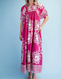 Gigio - Mixed Print Short Puff Sleeve Midi Dress