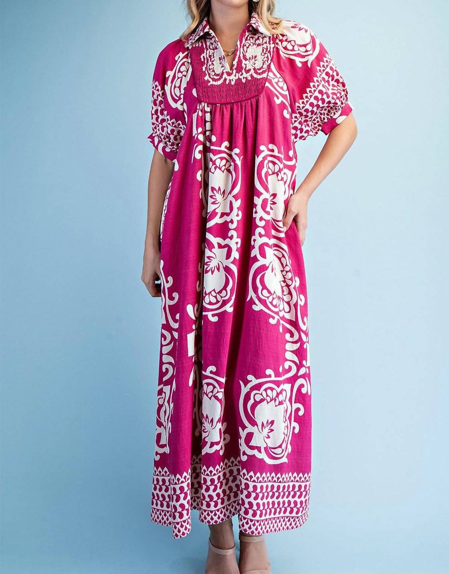 Gigio - Mixed Print Short Puff Sleeve Midi Dress