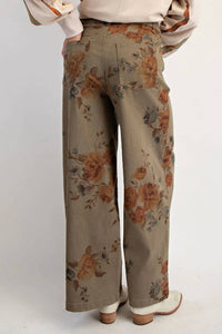 Easel - Flower Print Stretch Washed Twill Pants
