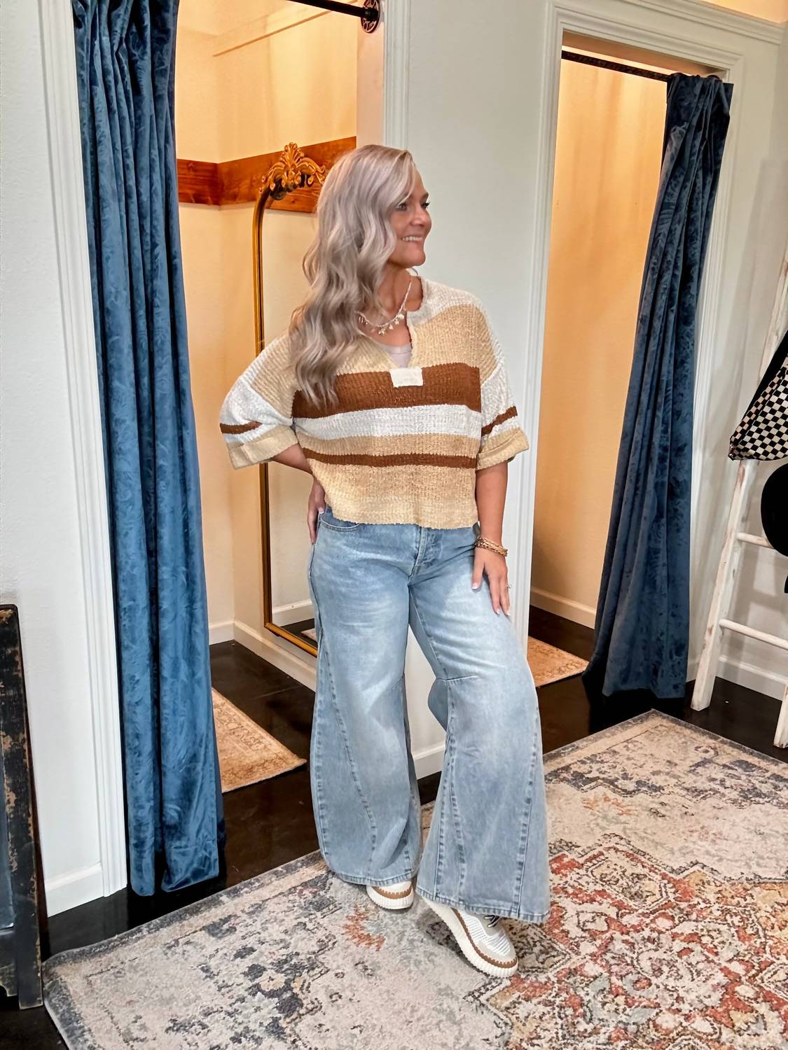 ee:some Coco Striped 3/4 sleeve sweater in beige multi - women's sweater - alternate view