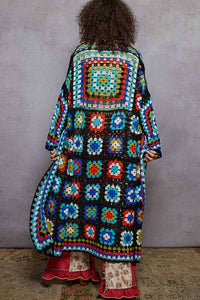 POL Long Sleeve Crochet Cardigan in black multi - women's cardigan - detail view
