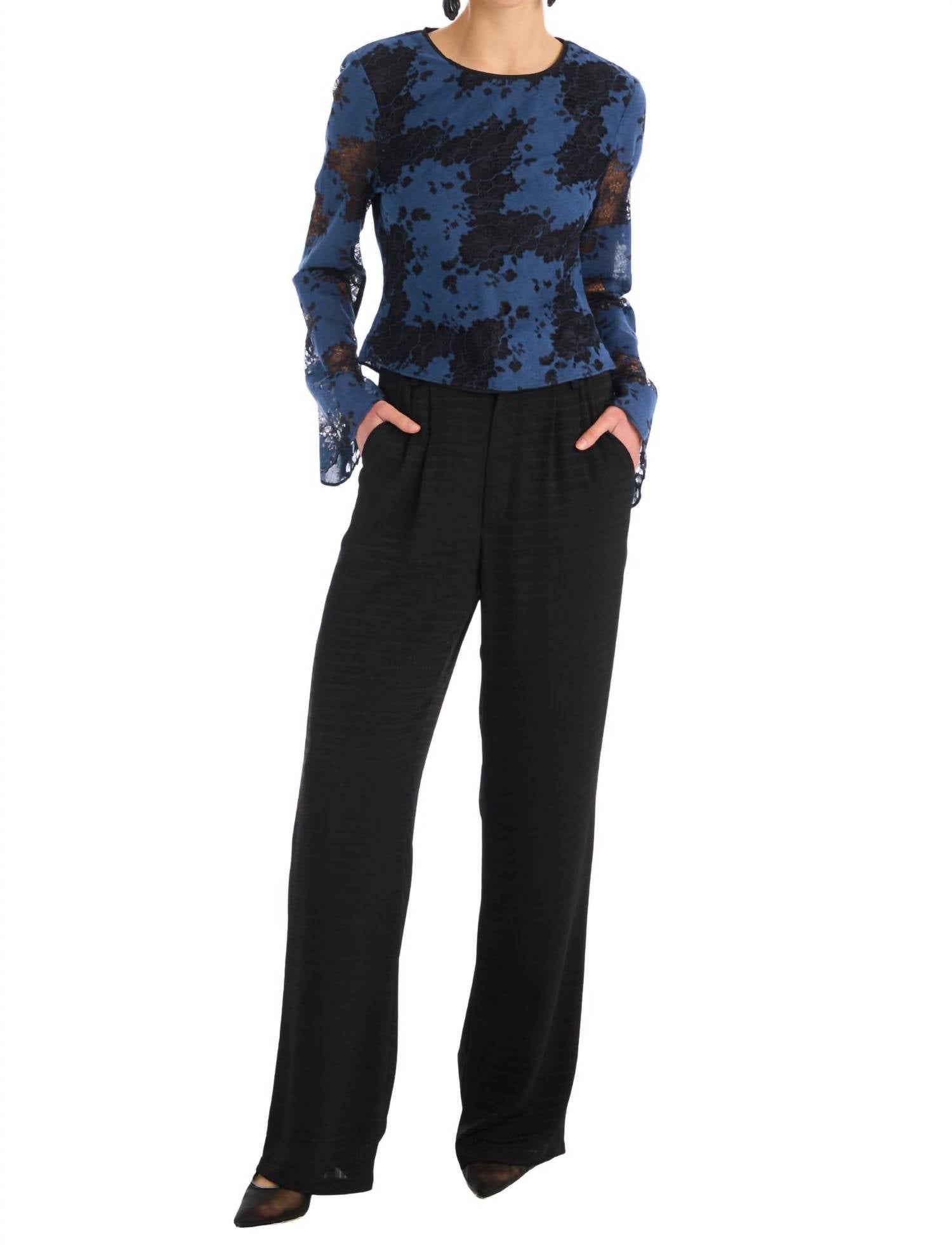 ALLISON NEW YORK Veronica Long Sleeve Top in blue black - women's blouse