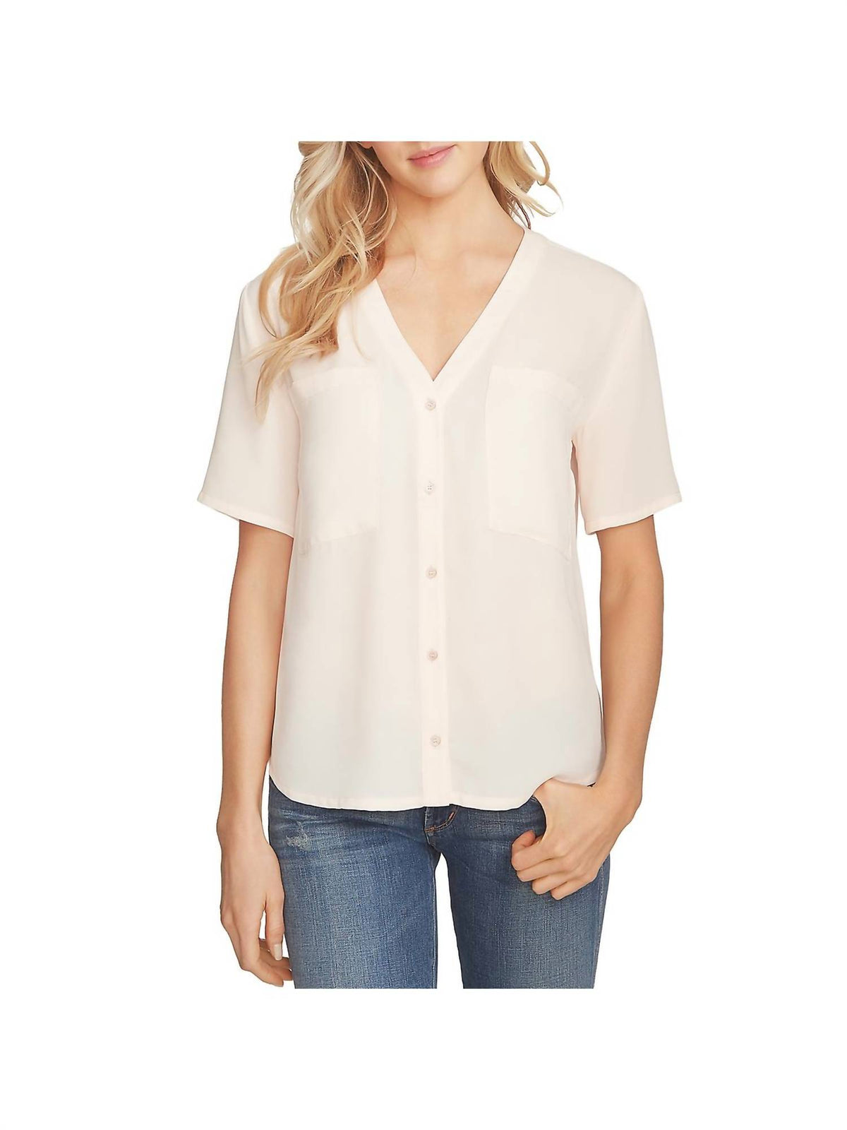 1.State - Chiffon Short Sleeves V Neck Button Down Shirt