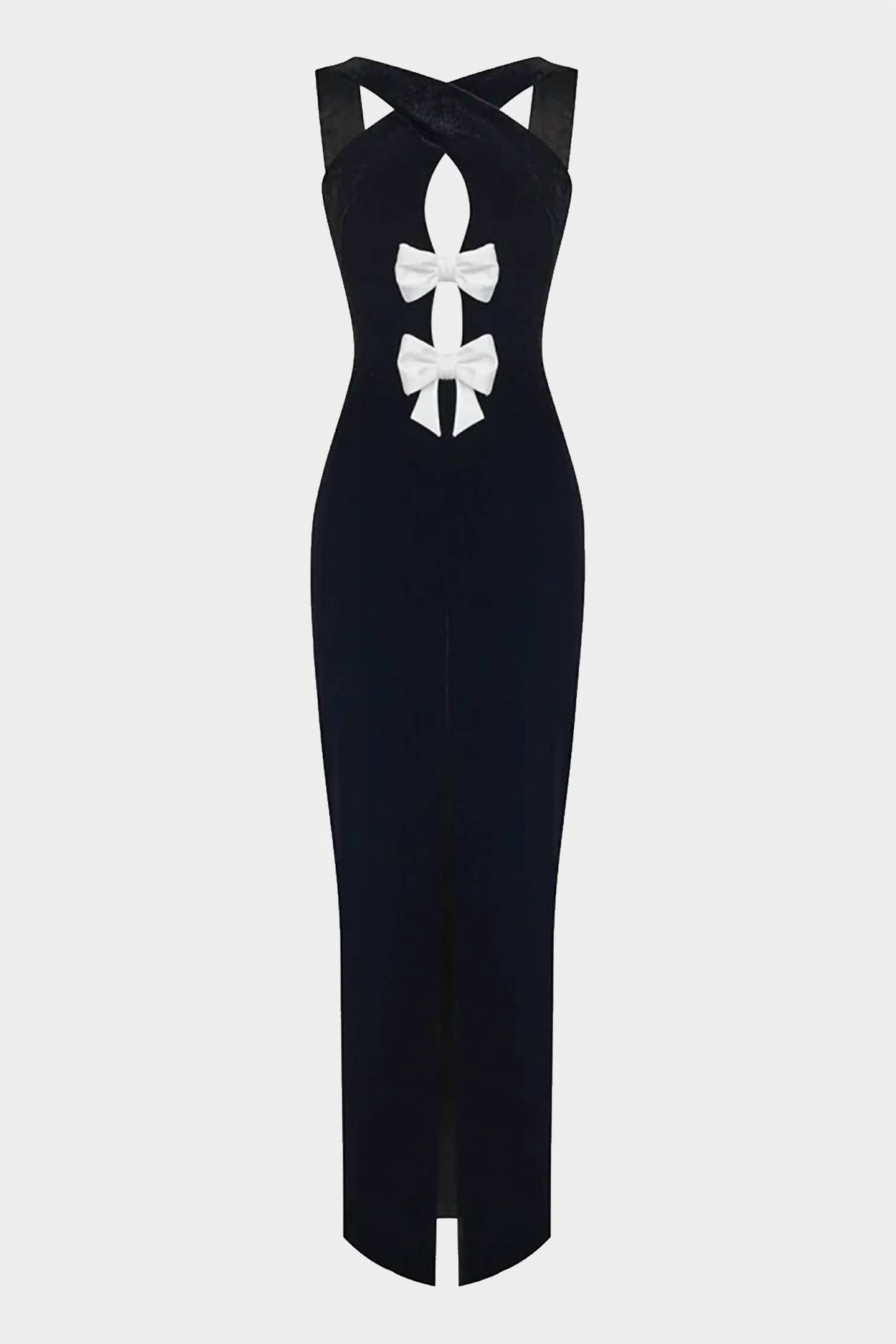 Rasario - Satin Maxi Dress With Bows And Cutouts