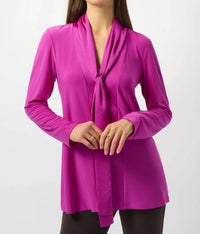 Joseph Ribkoff Pussy Bow V-neck Long Sleeve Tunic Top in cosmos purple - women's blouse