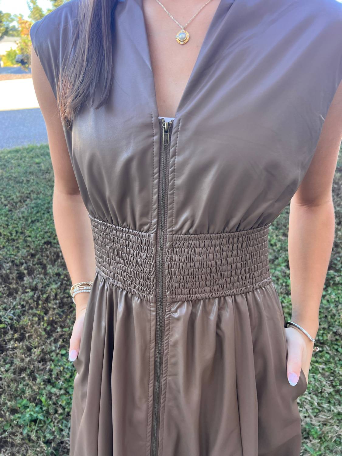 entro Mousse Faux Leather Dress in mocha - women's dress - alternate view