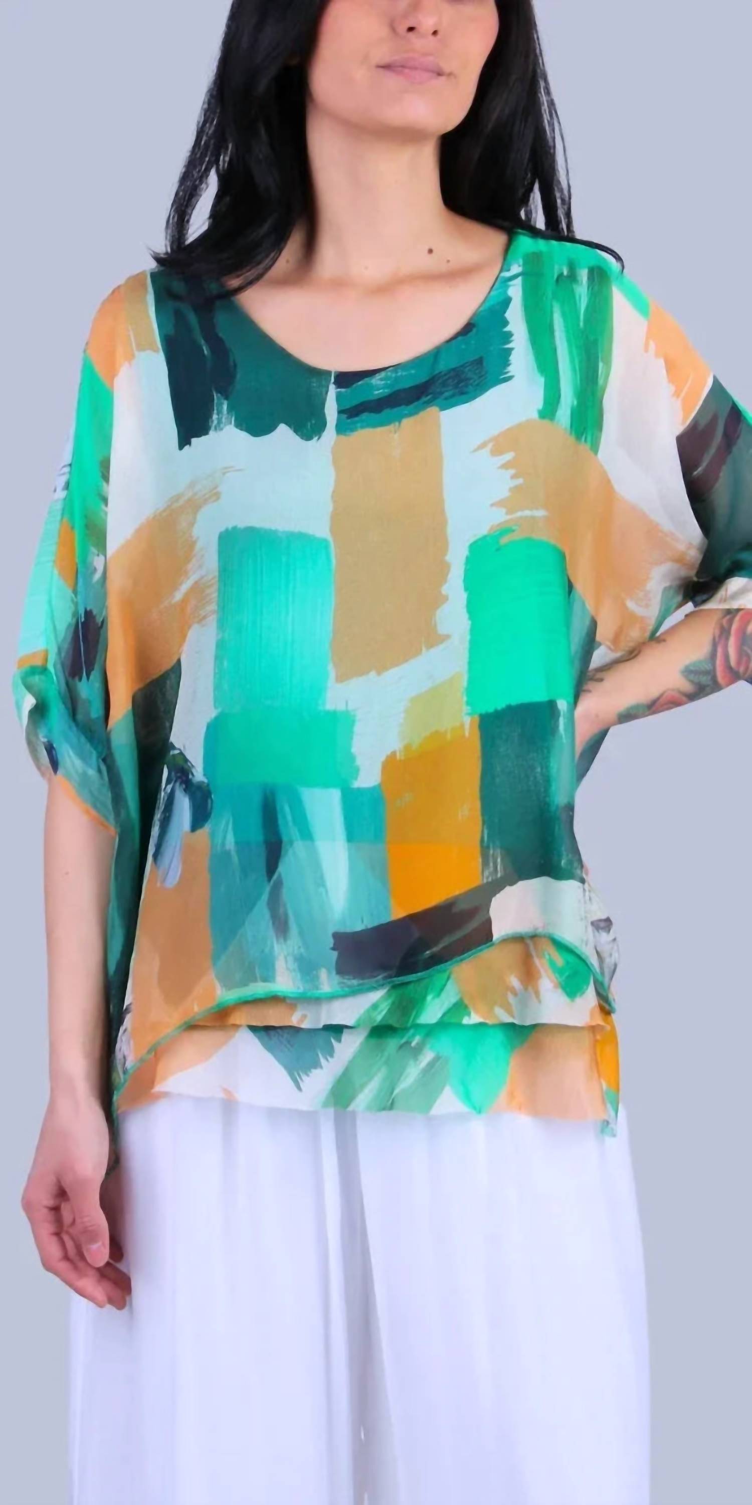 GIGI MODA Carmelina Brushstroke Blouse in emerald green - women's blouse