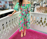 Jade - Garden Quilt Off-shoulder Flared Midi Dress