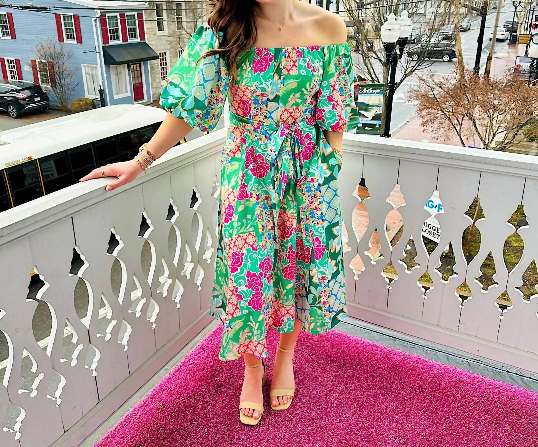 Jade - Garden Quilt Off-shoulder Flared Midi Dress