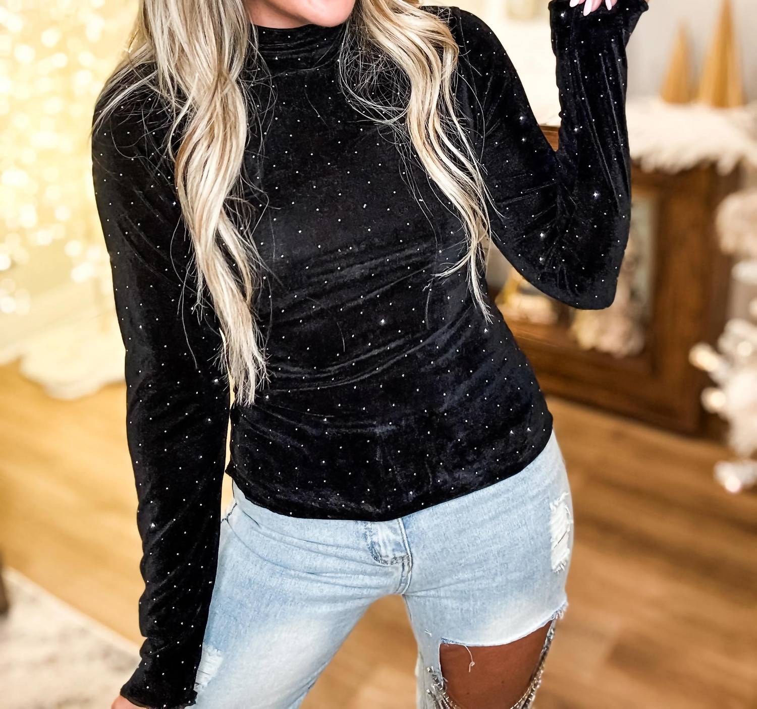 Very J - Stone Velvet Sparkle Fitted Top