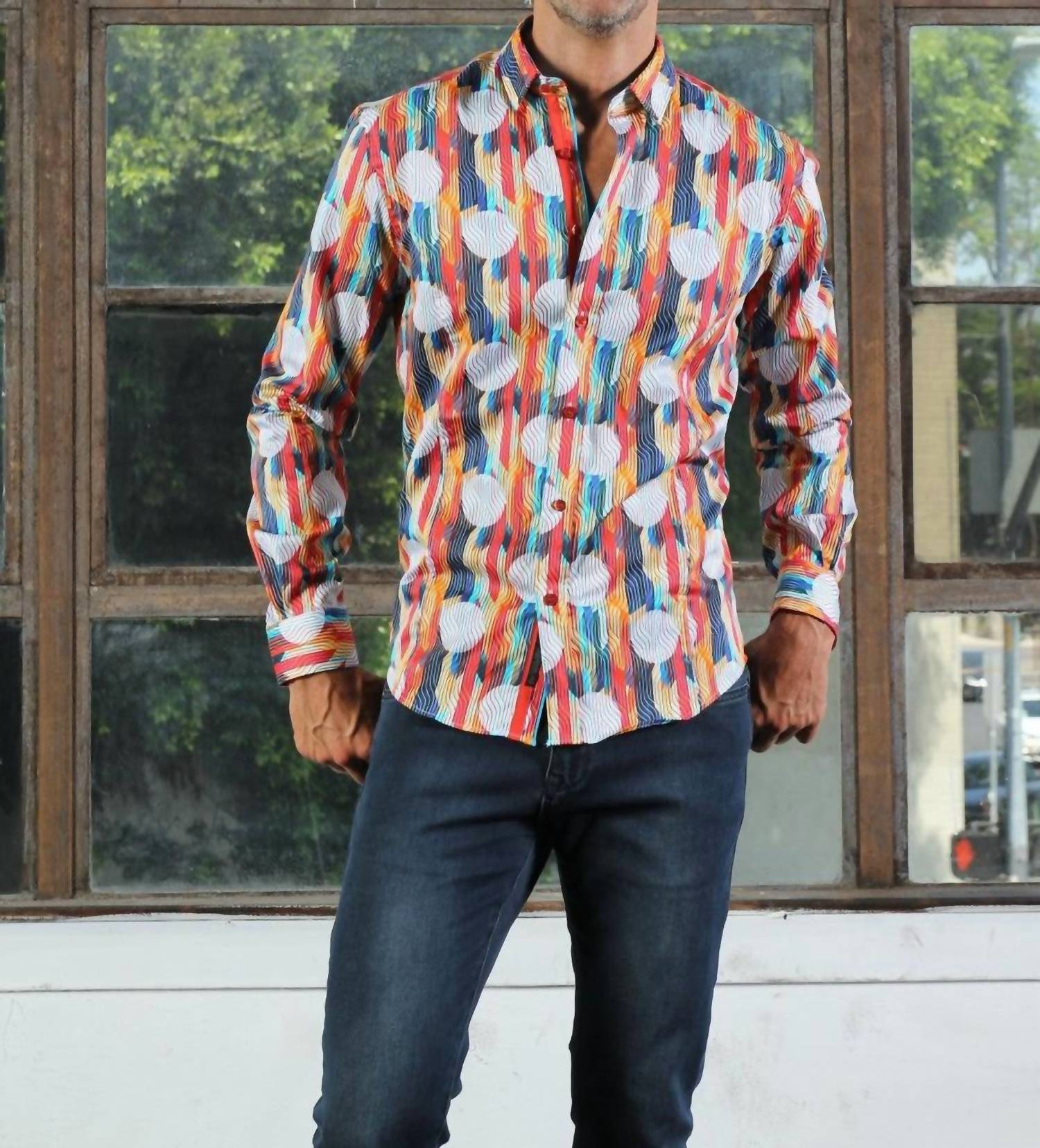 Eight X - Retro Circles Design Button Down Shirt With Trim
