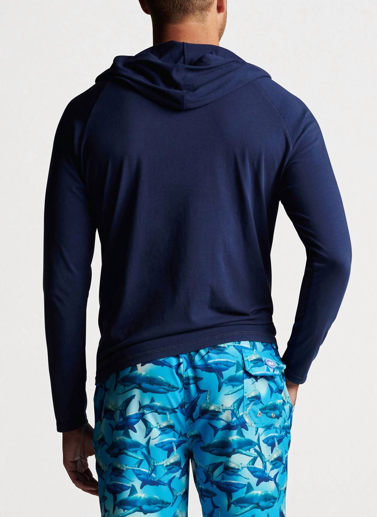 PETER MILLAR Lava Wash Popover Hoodie T-shirt in blue - men's long sleeve top - detail view