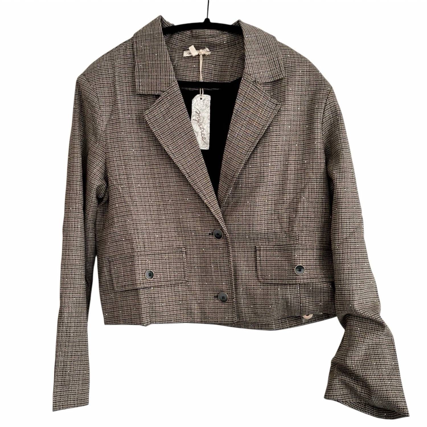 Mystree - Plaid Print Rhinestone Cropped Blazer