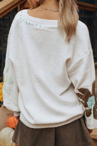 Umorger - Women's Flower V-neck Dropped Shoulder Sweater