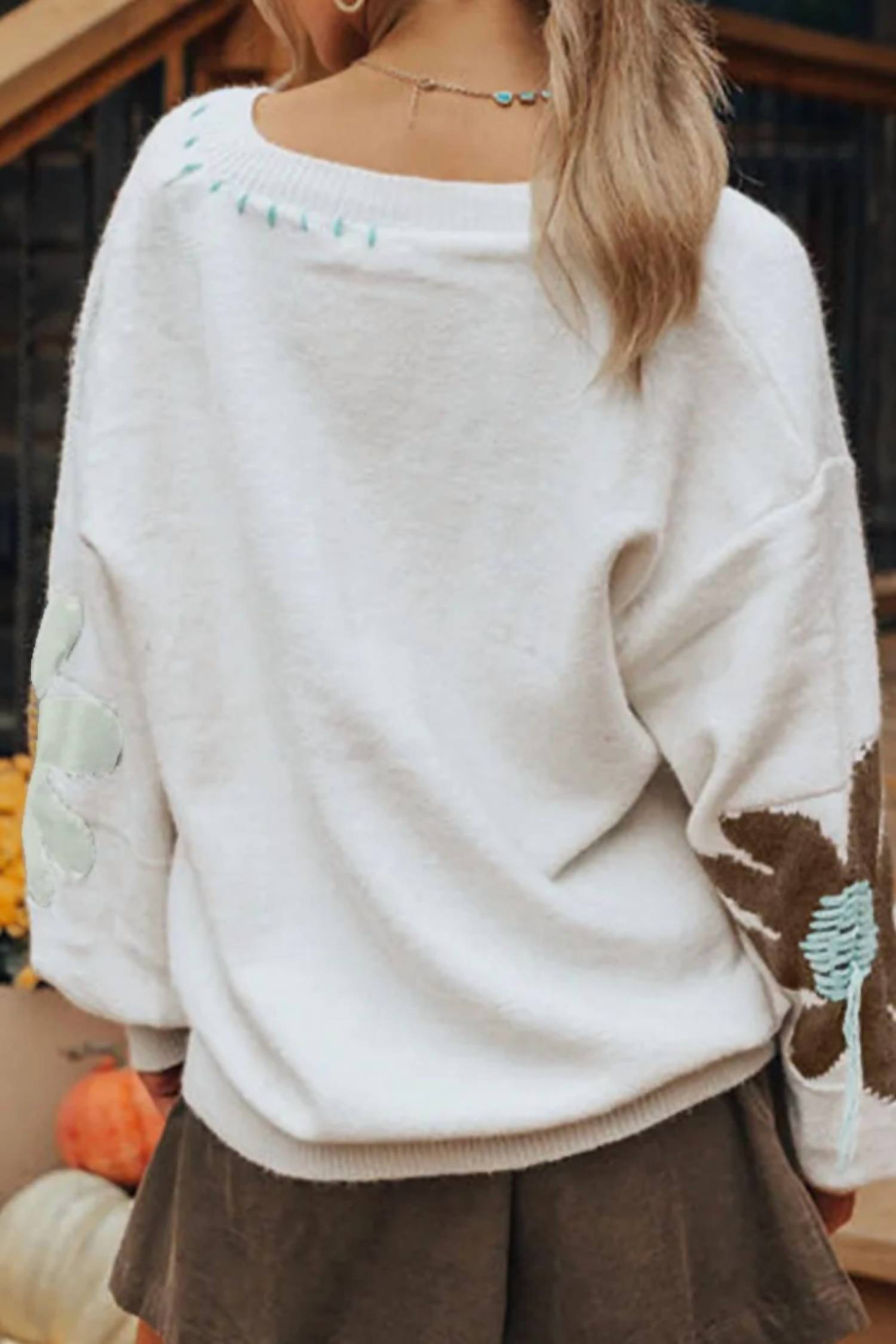 Umorger - Women's Flower V-neck Dropped Shoulder Sweater