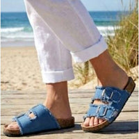 Roxoni Women's Double Buckle Frayed Cork Sandals in blue - women's sandal - detail view