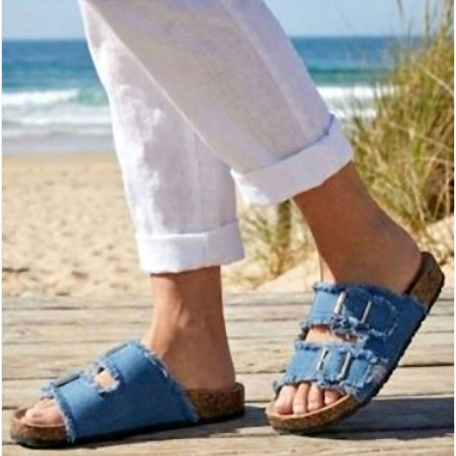 Roxoni Women's Double Buckle Frayed Cork Sandals in blue - women's sandal - detail view