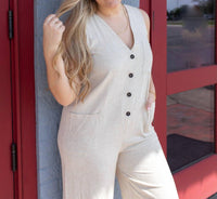 MIOU MUSE Laid-Back Linen Button Down Jumpsuit in beige - women's pants - detail view