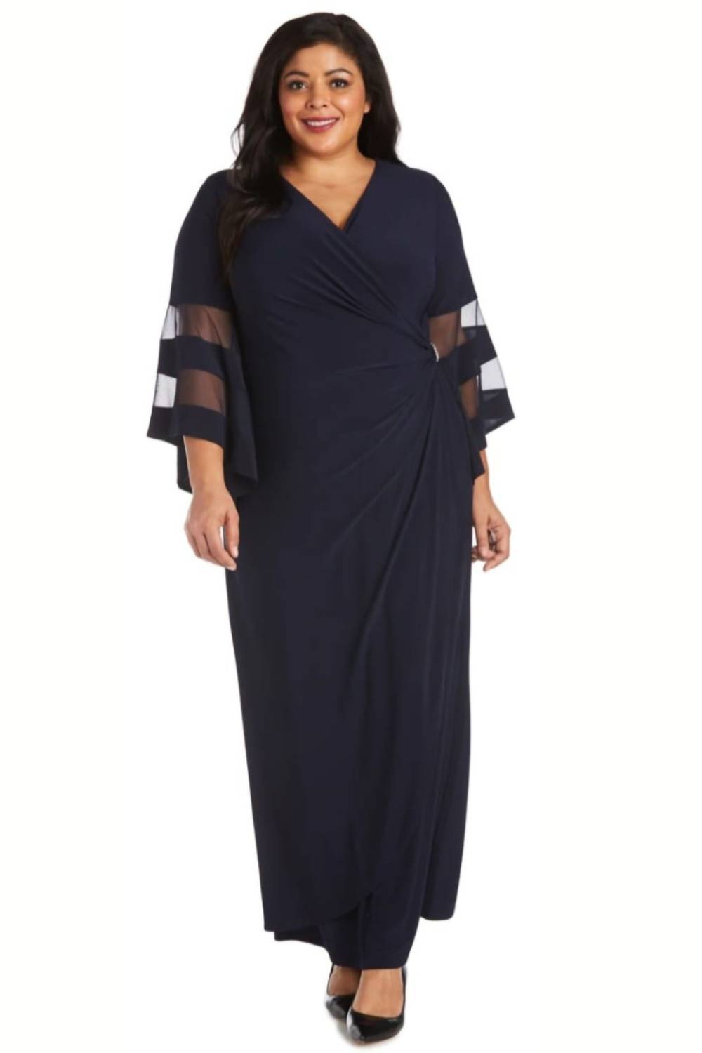 R&M Richards - Sheer Trim Bell Sleeve Evening Dress