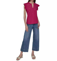 KARL LAGERFELD Studded Ruffle Knit Top in cerise - women's blouse - alternate view