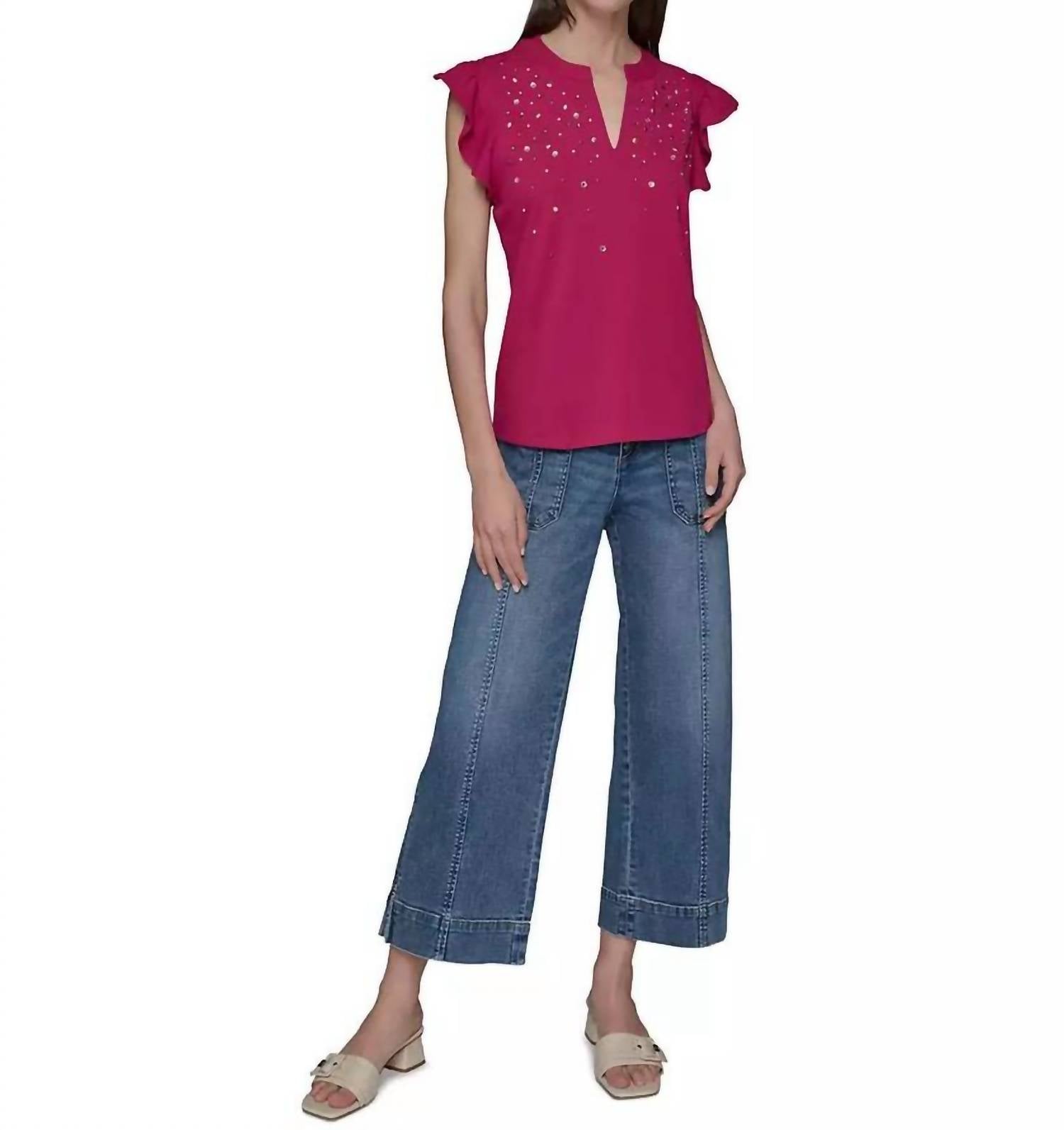 KARL LAGERFELD Studded Ruffle Knit Top in cerise - women's blouse - alternate view