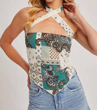 Bluivy - Women's Paisley Crossover Halter Neck Bandeau Top