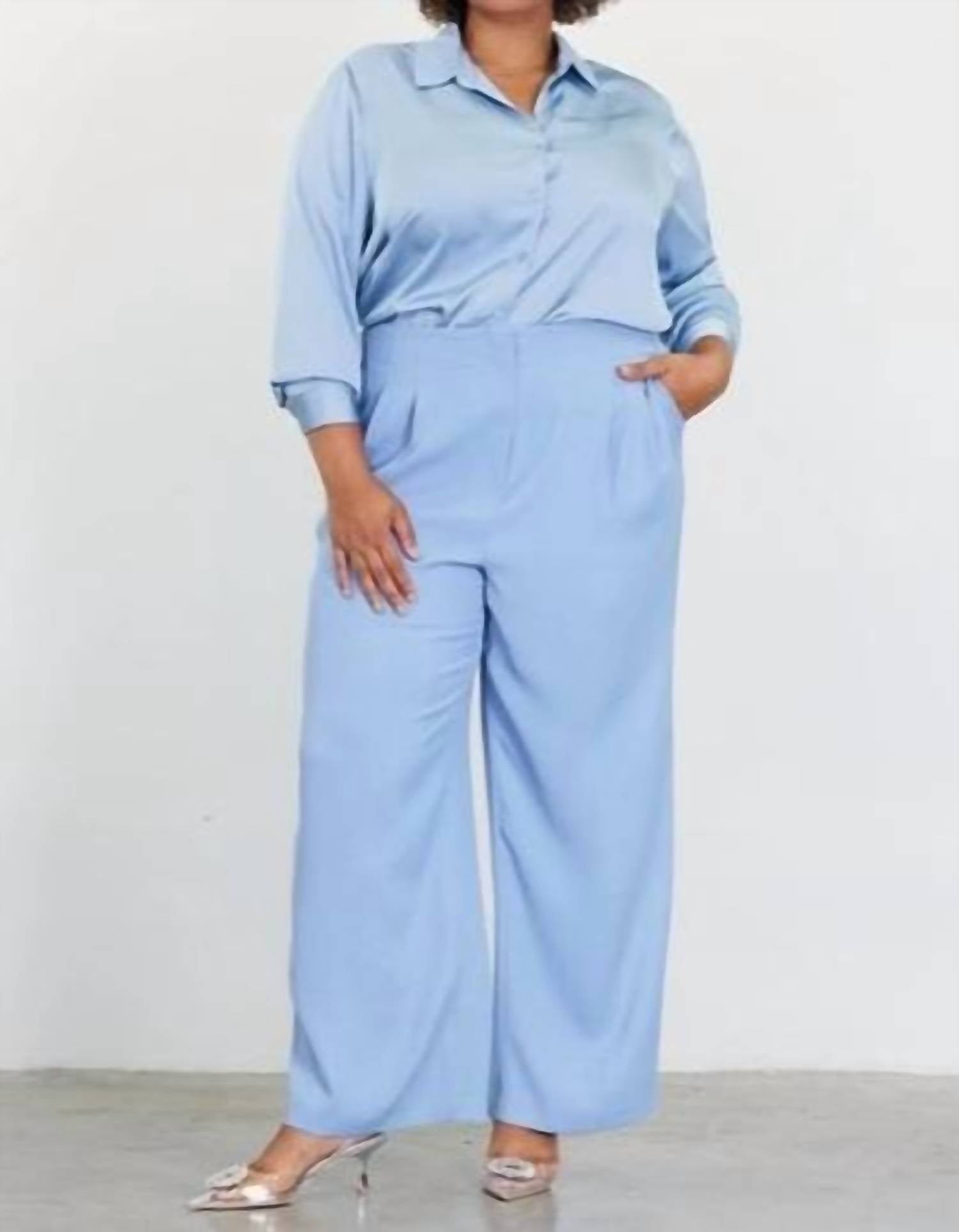 Skies Are Blue - Shirred Sleeve Blazer and Wide Leg Pant Suit Set