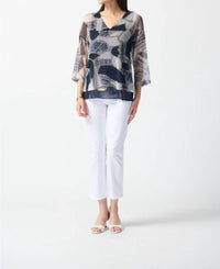 Joseph Ribkoff - Geometric Print Mesh Overlay V-neck Top
