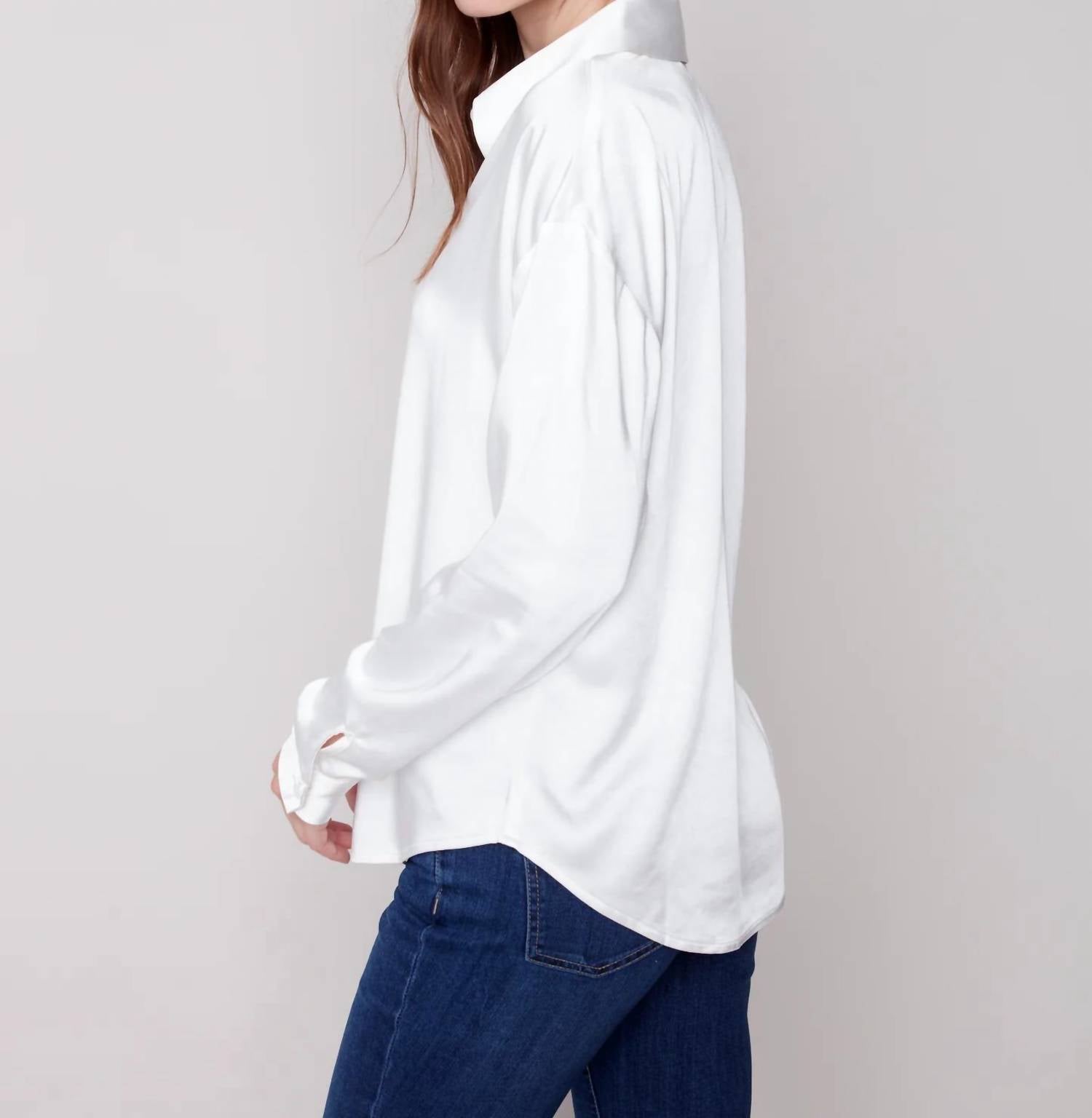 CHARLIE B Satin Long Sleeve Blouse in ecru - women's blouse - detail view