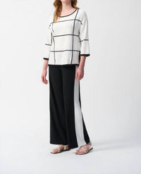 Joseph Ribkoff Geometric Hip-length Scoop Neck Top in vanilla black - women's blouse - alternate view