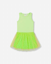 Deux Par Deux - Girls' Shiny Ribbed Dress With Mesh Flocking Flowers