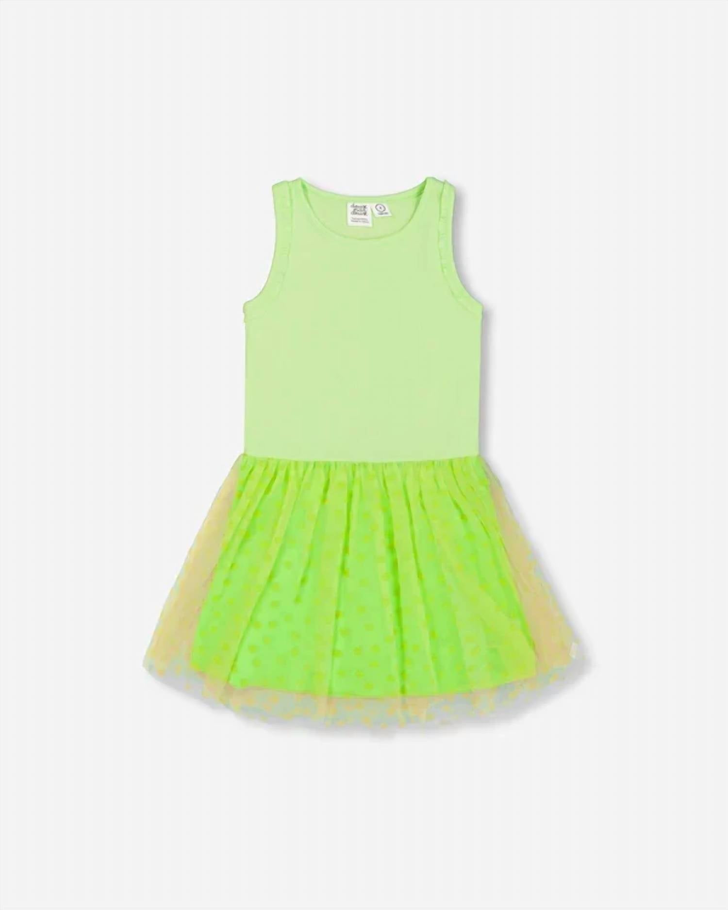 Deux Par Deux - Girls' Shiny Ribbed Dress With Mesh Flocking Flowers