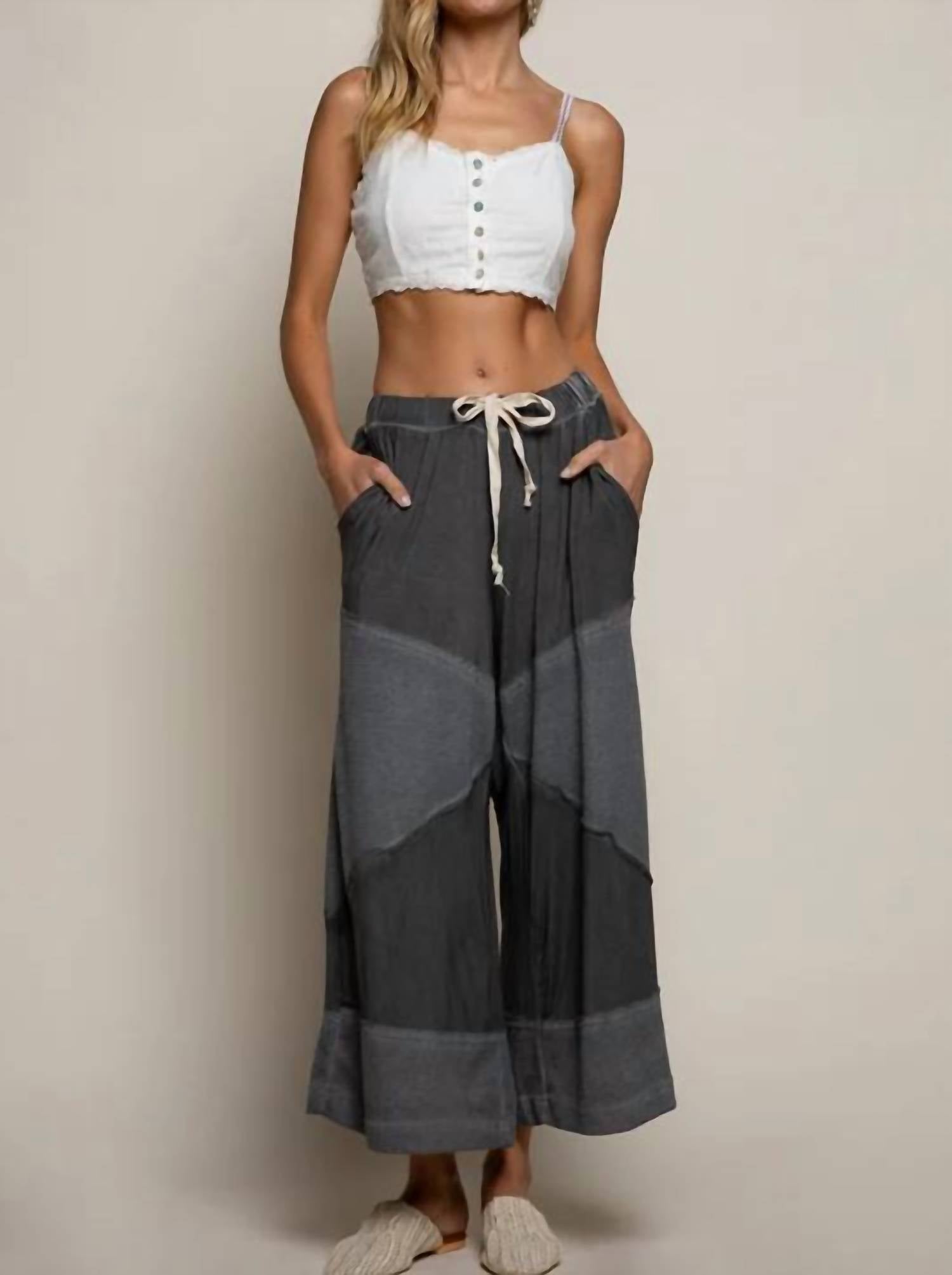 Pol - Contrast Ribbed Elastic Waist Knit Culottes Pants