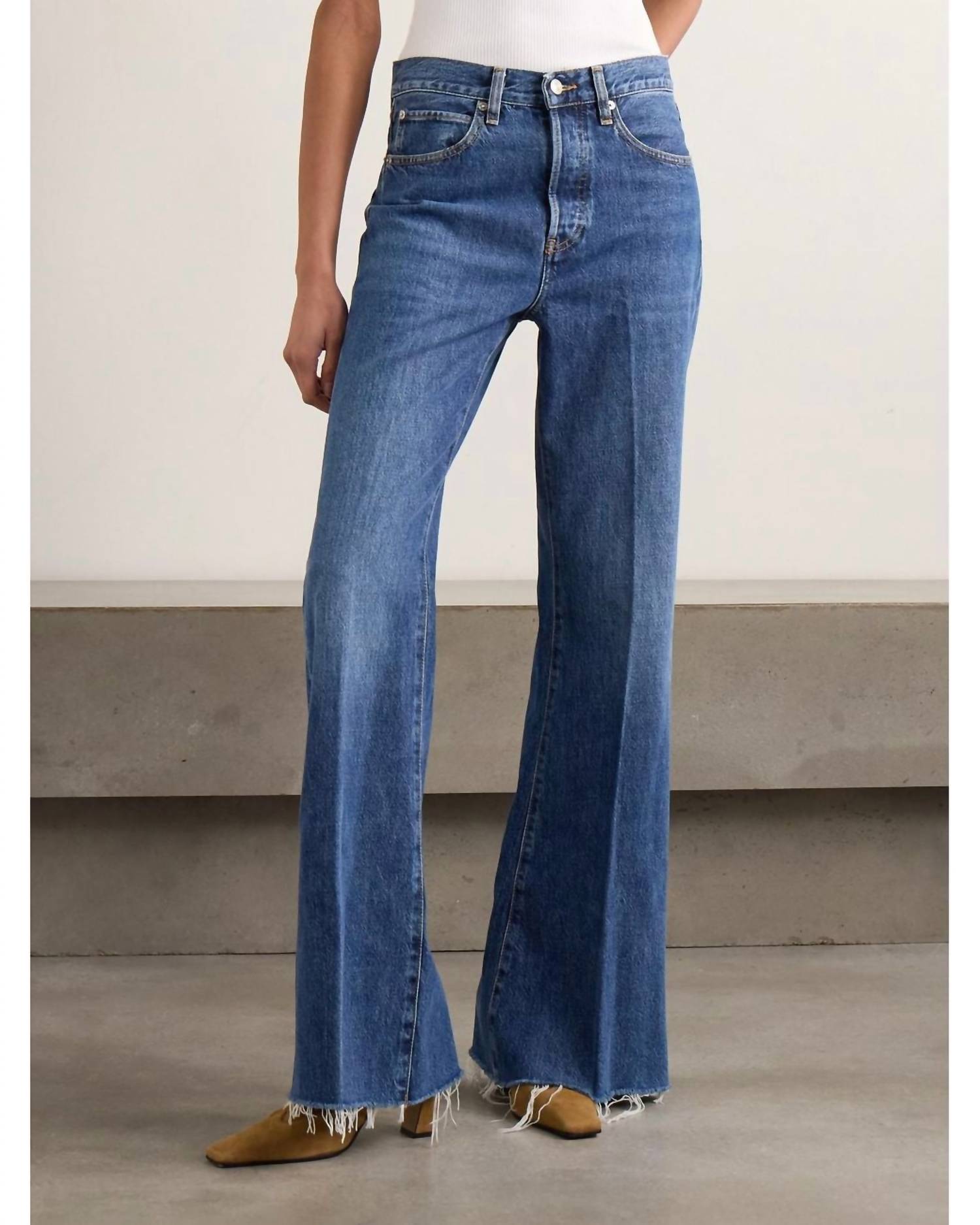 FRAME Lax Distressed High Rise Flared Jeans in antidote - women's jeans - detail view