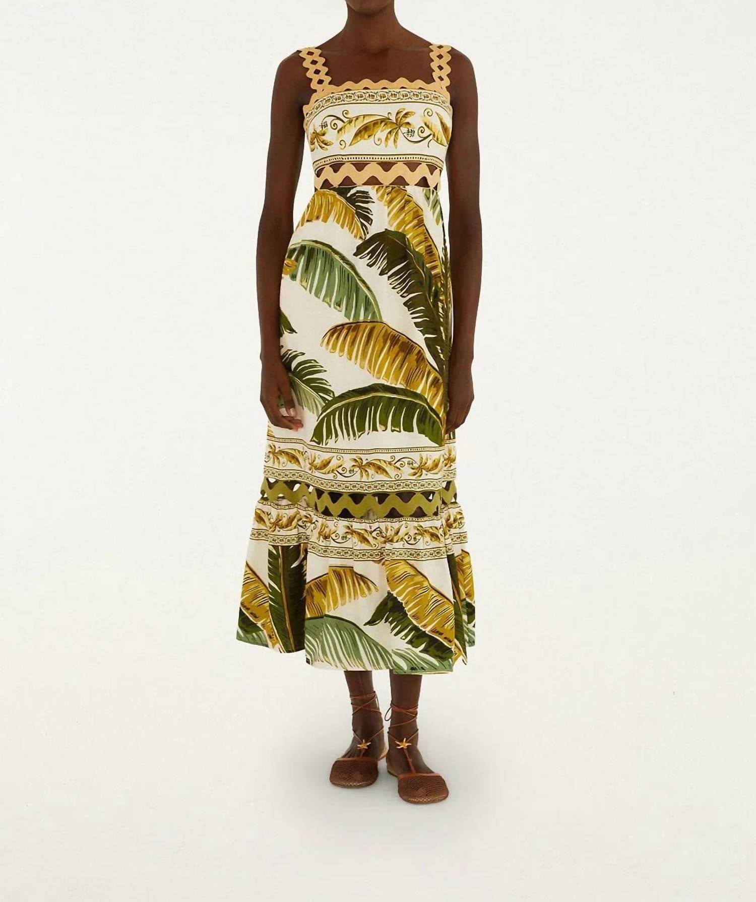 Farm Rio - Tropical Ric Rac Square Neck Midi Dress